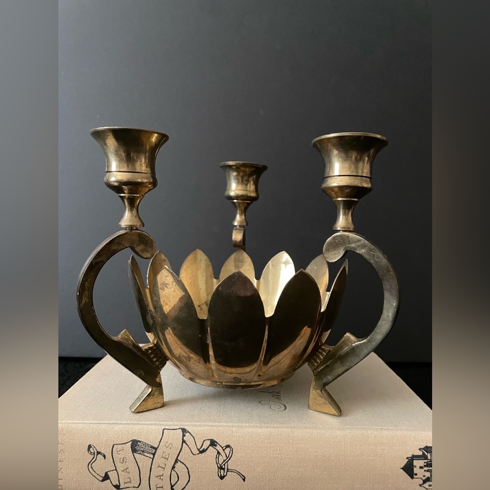 Vintage Brass Lotus Flower 3 Candle Holder